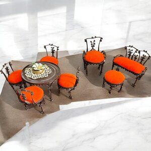 Lot of 8 Vintage Tin Can Scroll Tramp Art with Orange Stuffed Velvet Seats Table